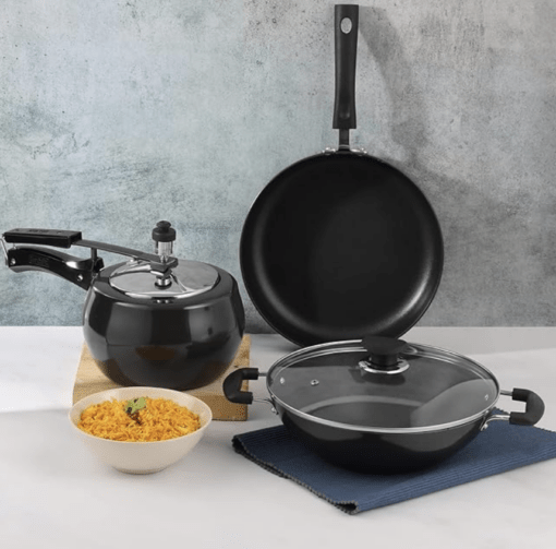 Vinod Trio Hard Anodised Cookware Set of 3 | 3 litre Kadai and 26 cm Frypan with Common Lid, 3 litre Pressure Cooker | 3.25 mm Thick| Induction and Gas Base | 2 Year Warranty - Image 2